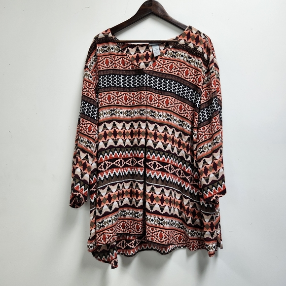 Catherines Womens Plus 3/4 Sleeve Beaded Tunic Blouse Size 5X Orange Aztec Print - Picture 1 of 10